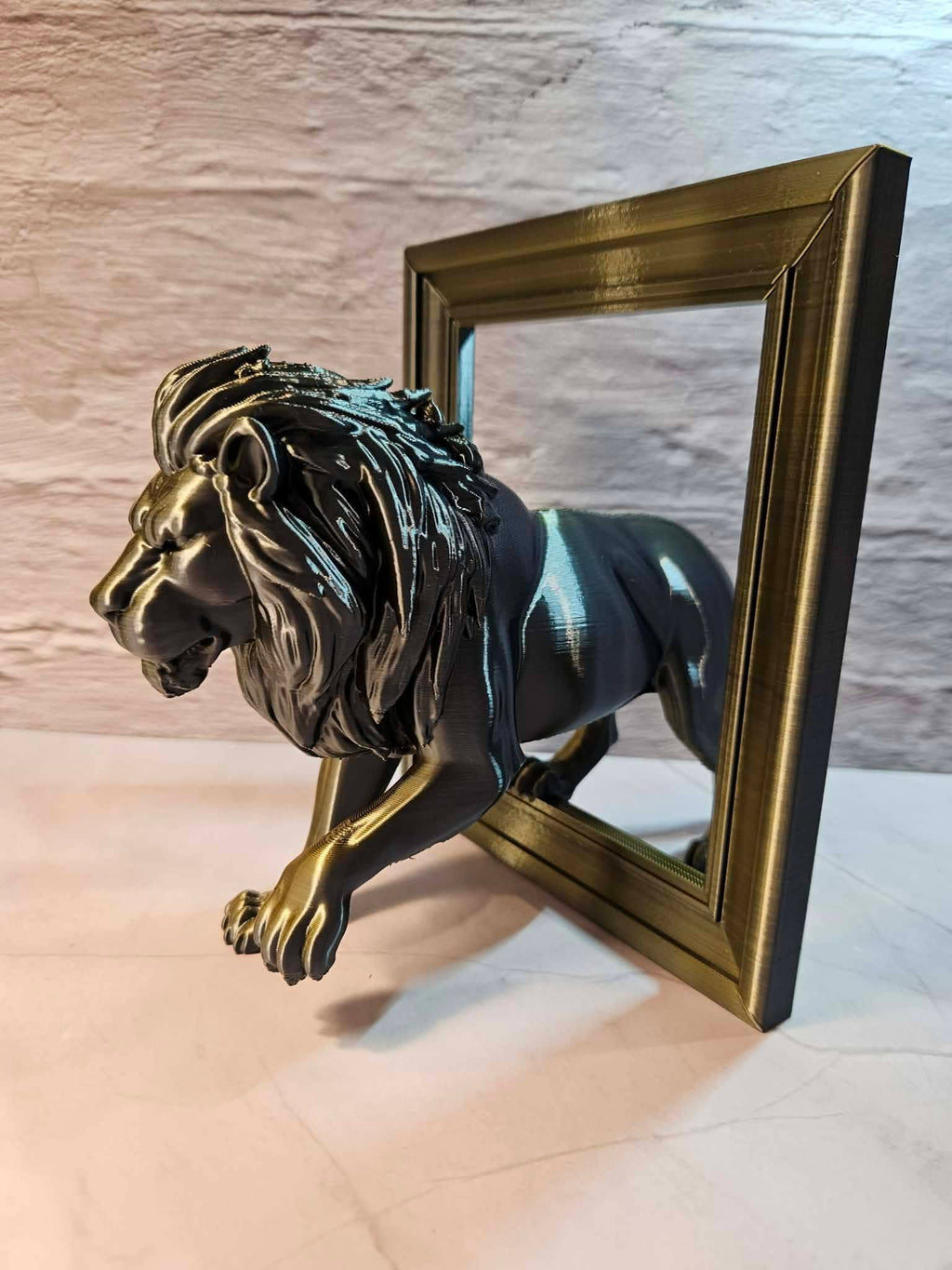 Lion in Frame Sculpture – Black & Gold