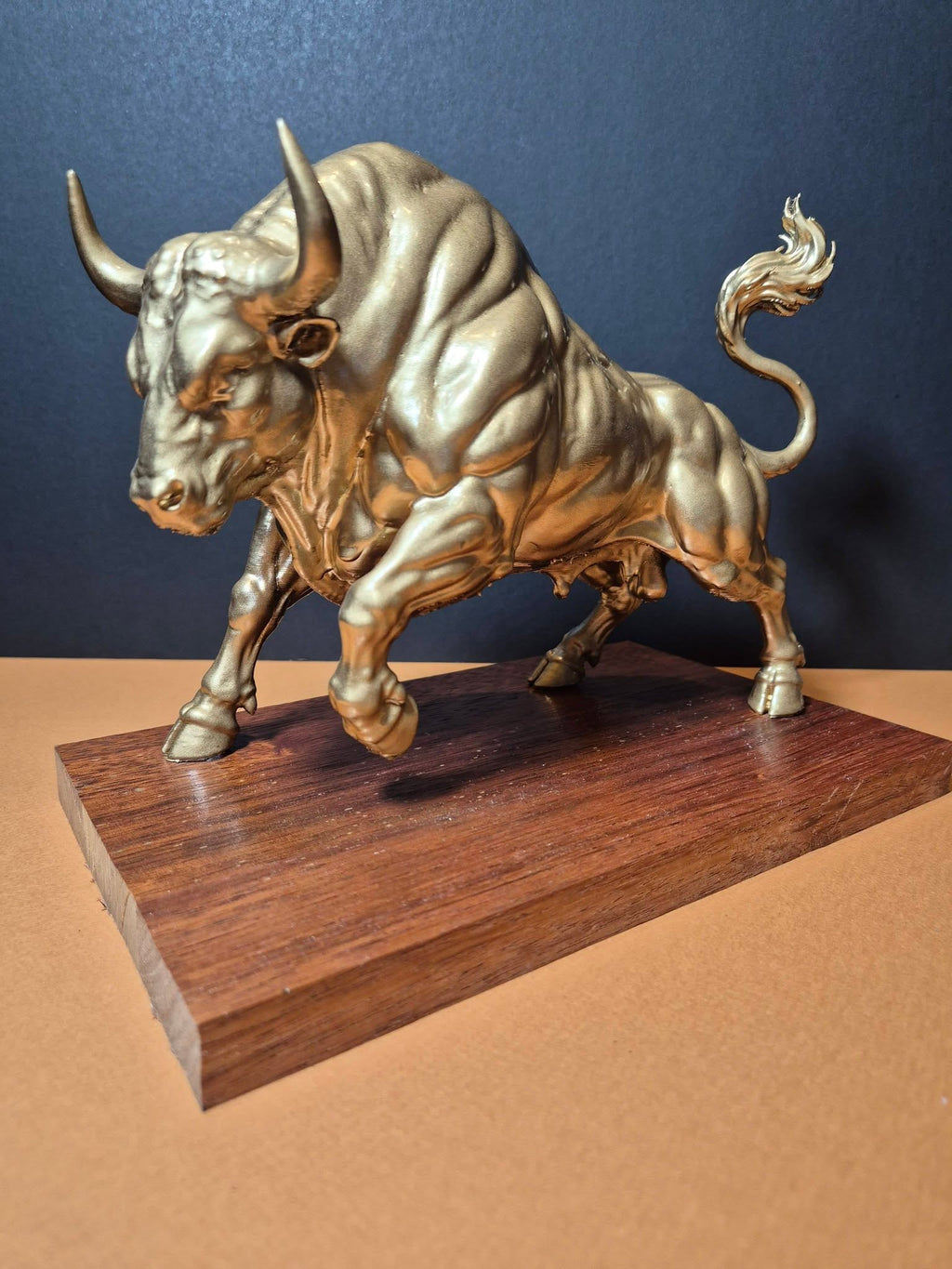 Big Bull Sculpture on Hardwood Base – 25cm