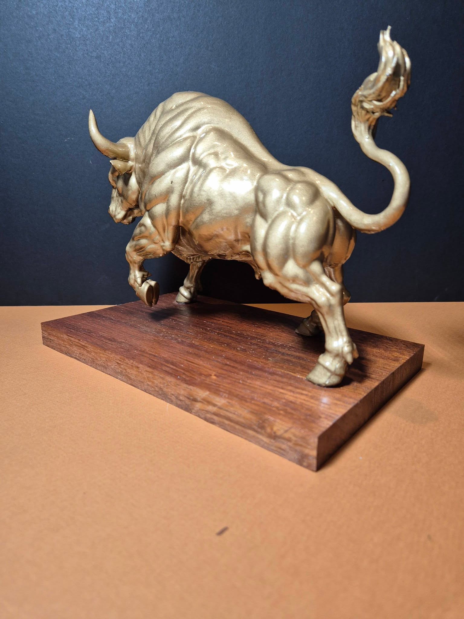 Big Bull Sculpture on Hardwood Base – 25cm