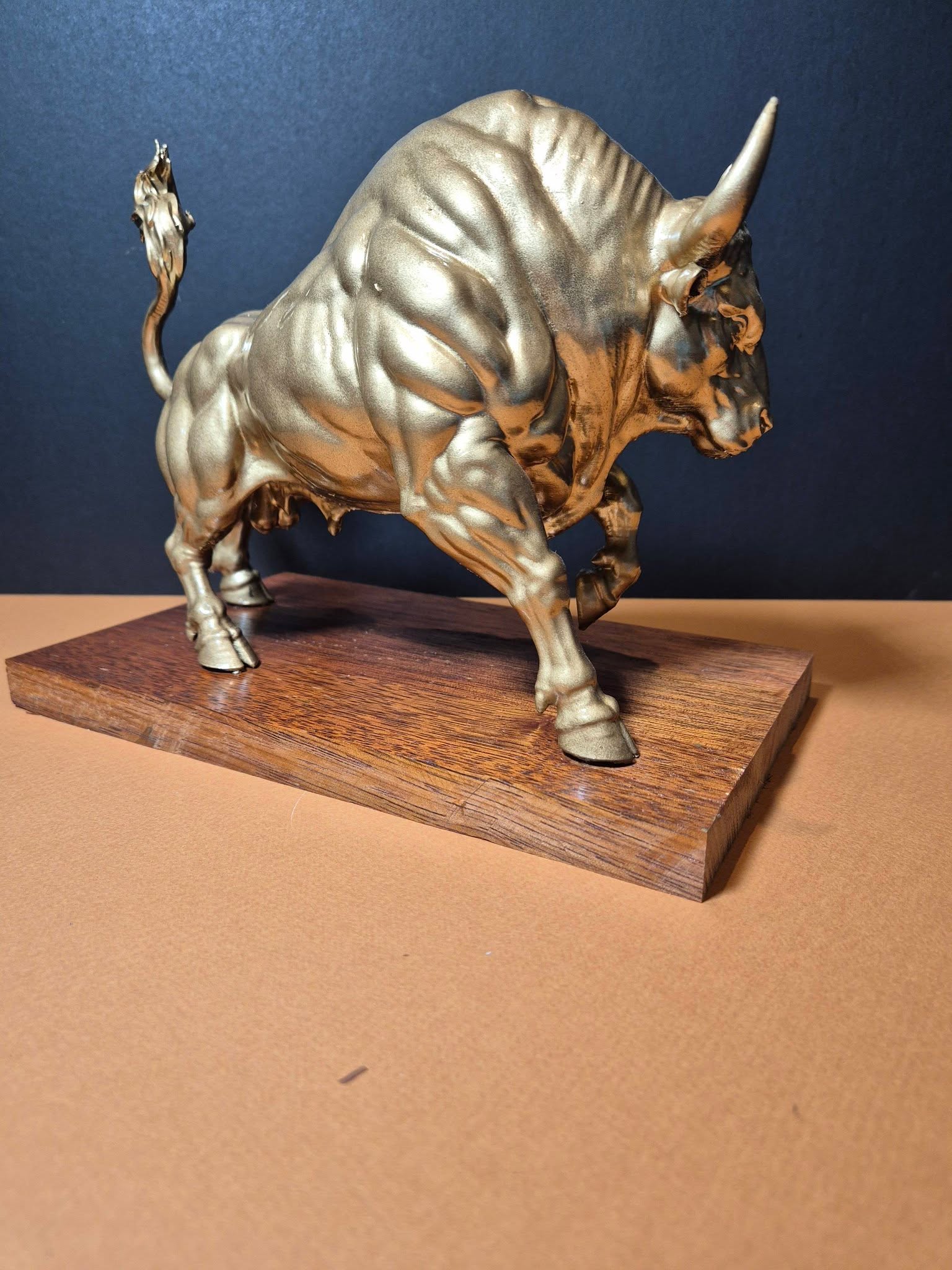 Big Bull Sculpture on Hardwood Base – 25cm
