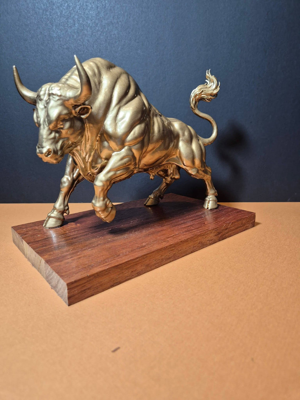 Big Bull Sculpture on Hardwood Base – 25cm