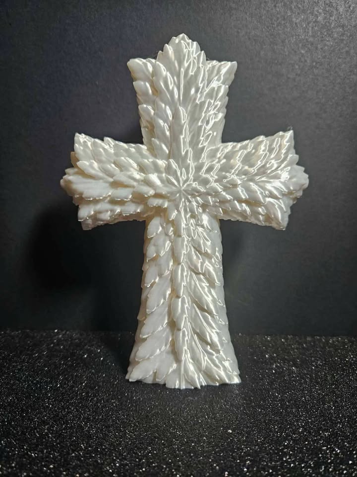 SS Design Feathered Cross Sculpture – White Silk Edition