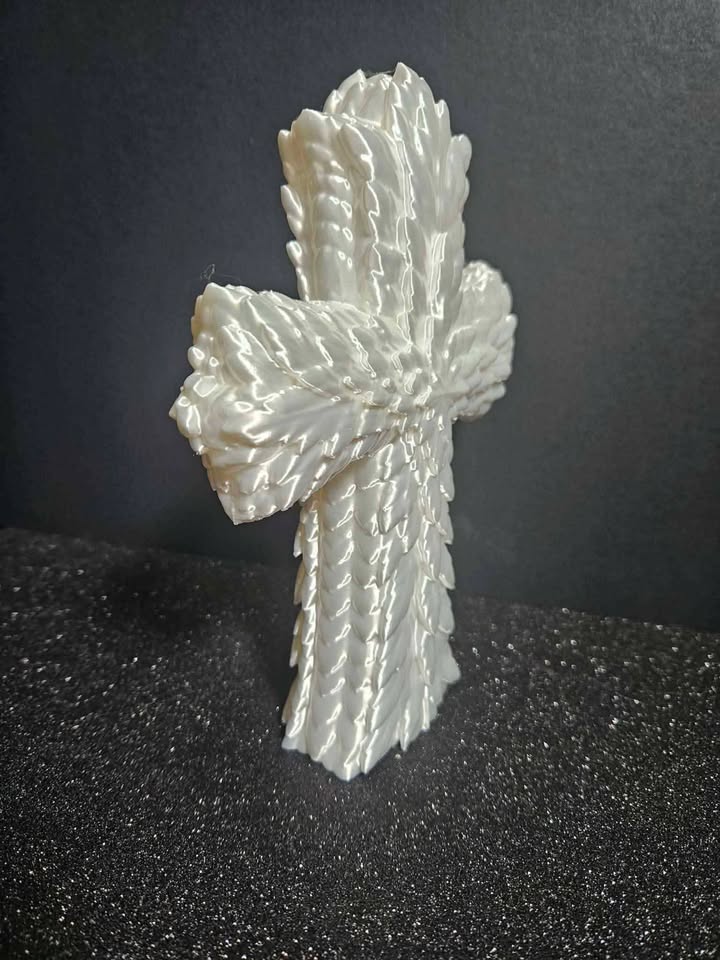 SS Design Feathered Cross Sculpture – White Silk Edition