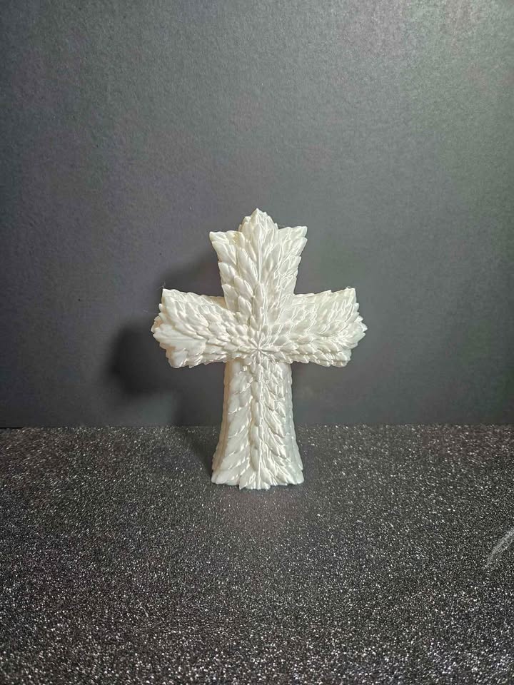SS Design Feathered Cross Sculpture – White Silk Edition