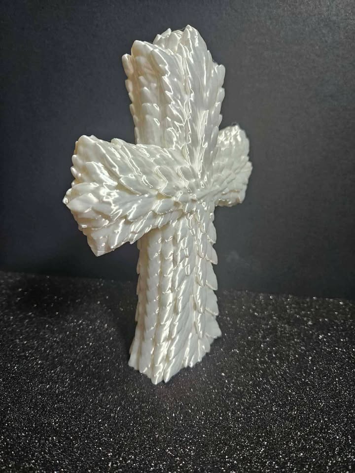 SS Design Feathered Cross Sculpture – White Silk Edition
