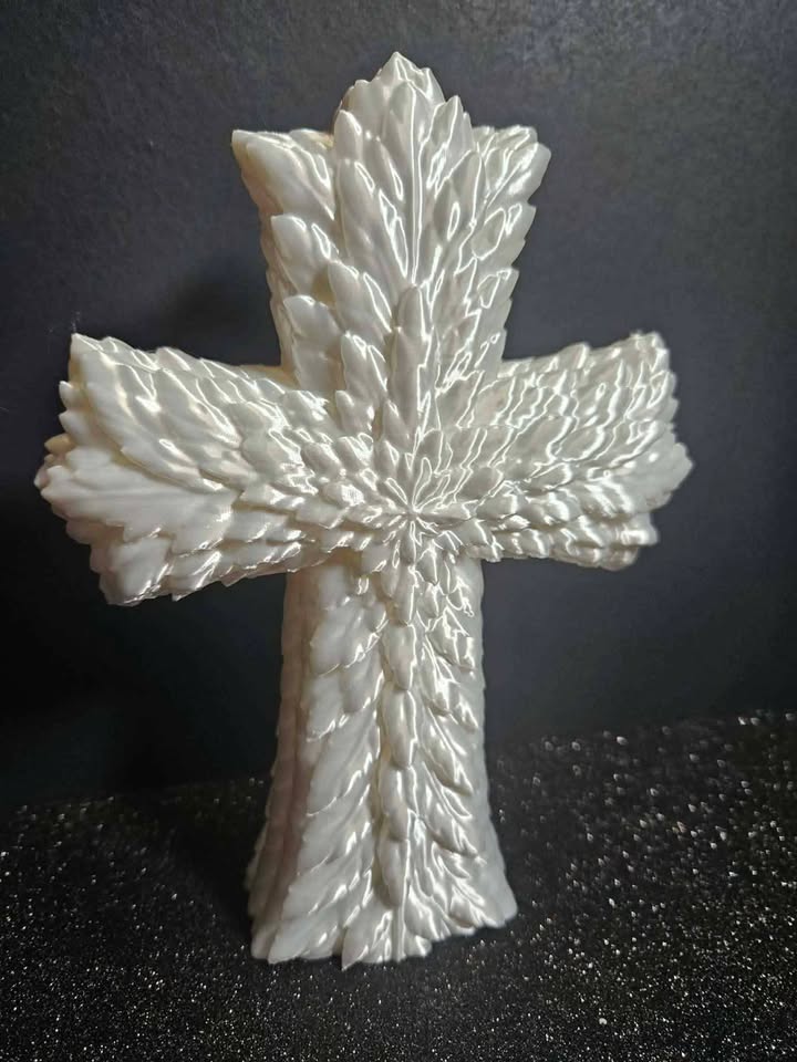 SS Design Feathered Cross Sculpture – White Silk Edition